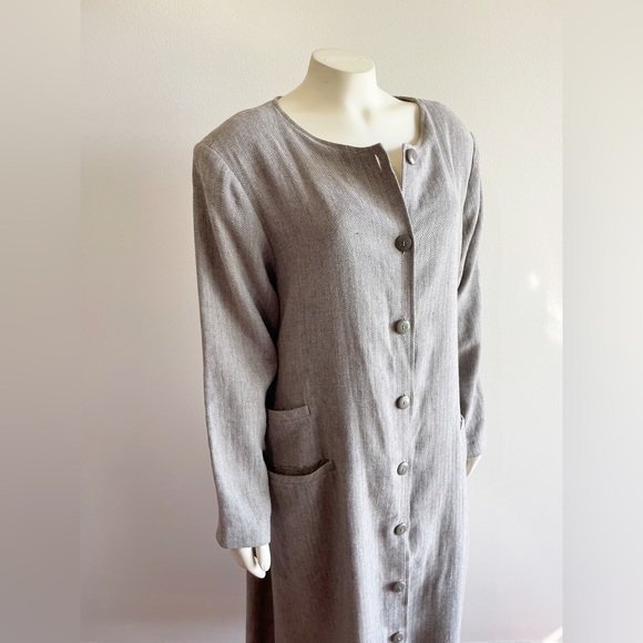 Ann Everett Herringbone Gray Wool Long Custom Pea Coat Button Down - Picture 11 of 16